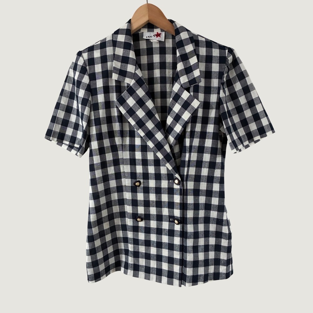 Red Star Vintage 90s Gingham Short Sleeve Blazer Top Blue White Size 10